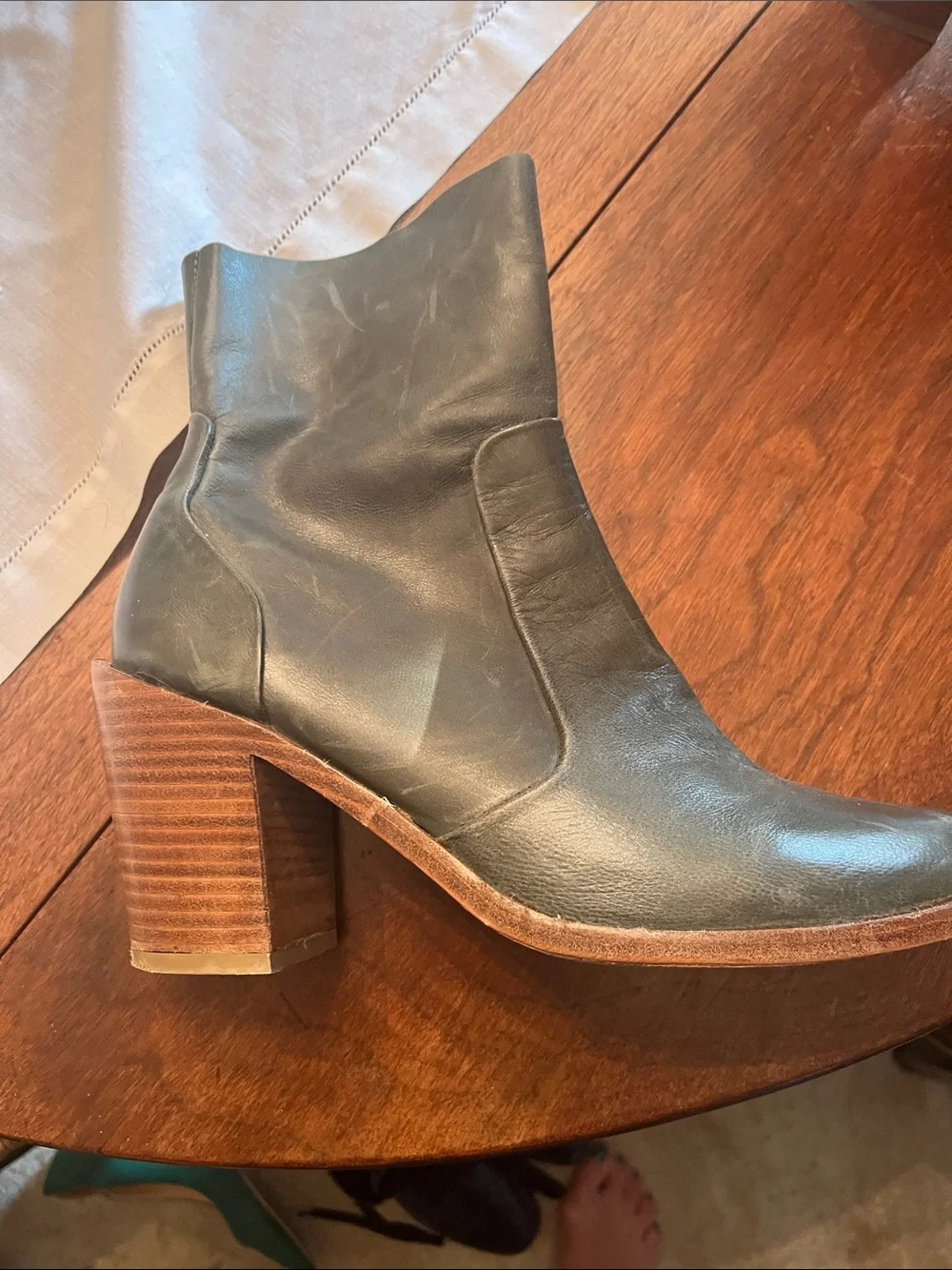 Lucky Brand Olive Green Leather Block Heel Ankle Boots